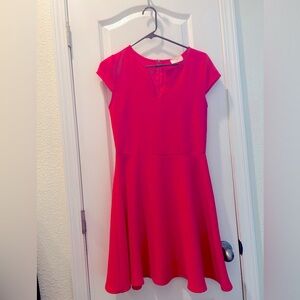 Short sleeve barbie pink skater dress notched neckline